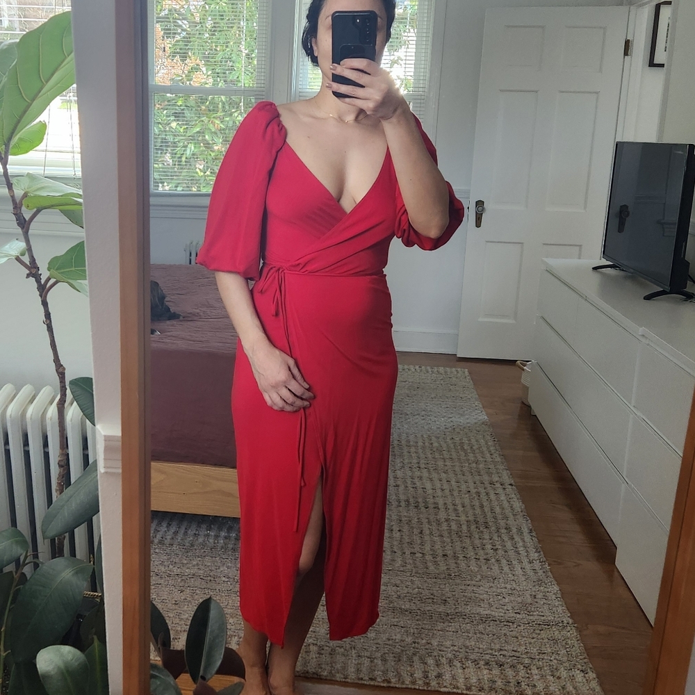 NWT Reformation CHERRY CALABRA WRAP PUFF SLEEVE DRESS Size S